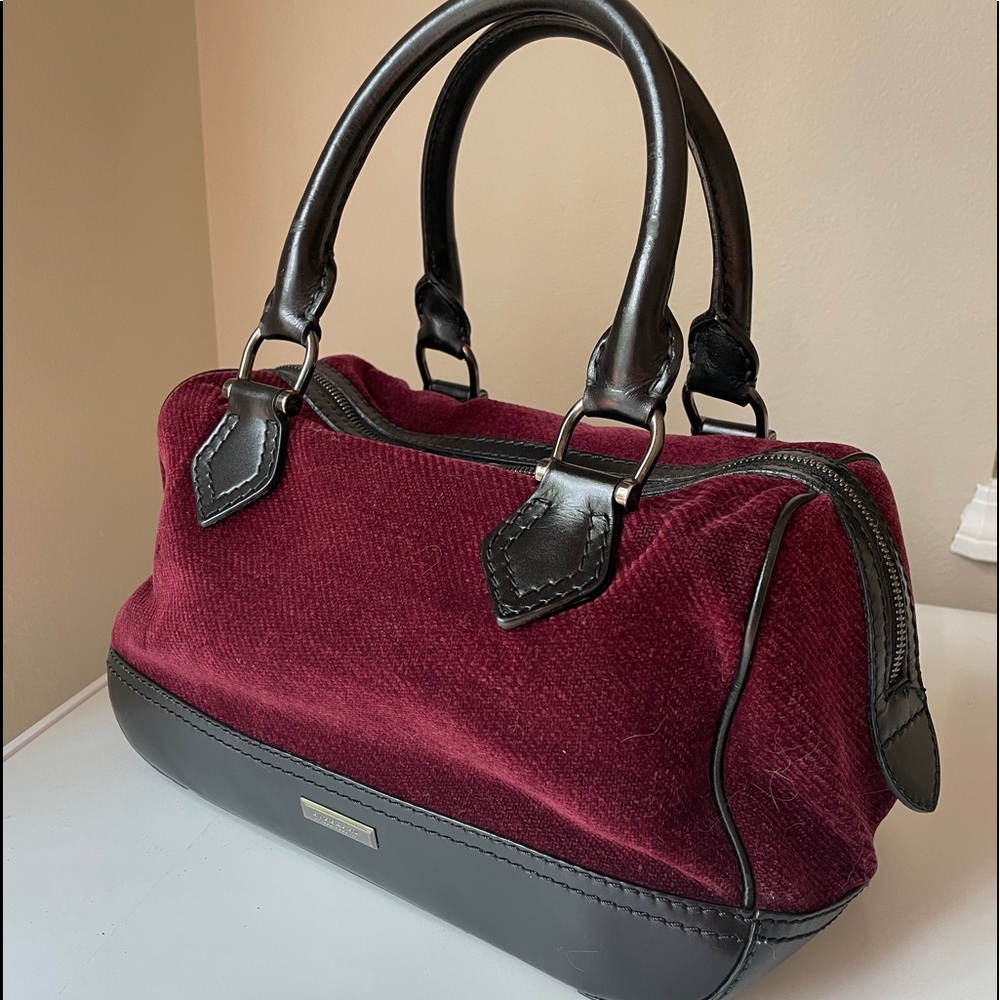 Burberry Burgundy Velvet Boston Handbag Bag